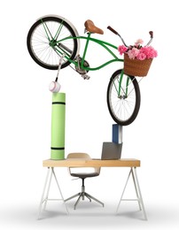 Image of Work-life balance. Tower of bicycle, baseball ball, mat, book, laptop and table on white background