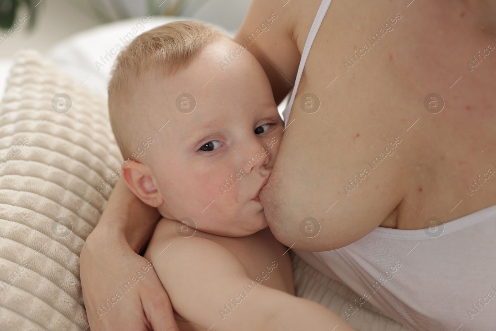 Mother breastfeeding her little baby indoors, closeup Photo of Mother breastfeeding her little baby indoors, closeup