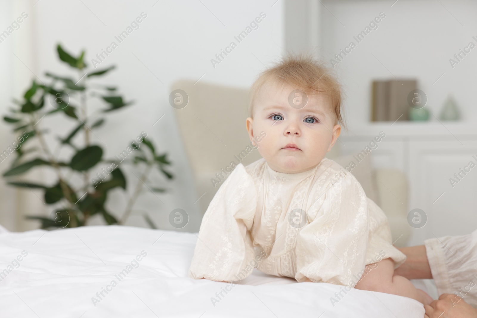 Cute little baby and mother on bed at home, closeup Photo of Cute little baby and mother on bed at home, closeup