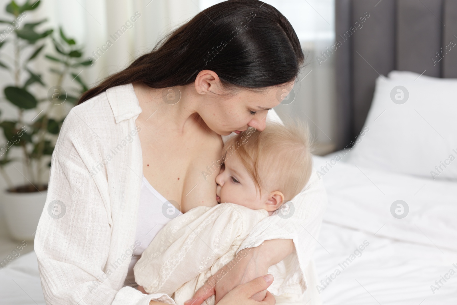 Mother breastfeeding her little baby on bed indoors. Space for text Photo of Mother breastfeeding her little baby on bed indoors. Space for text