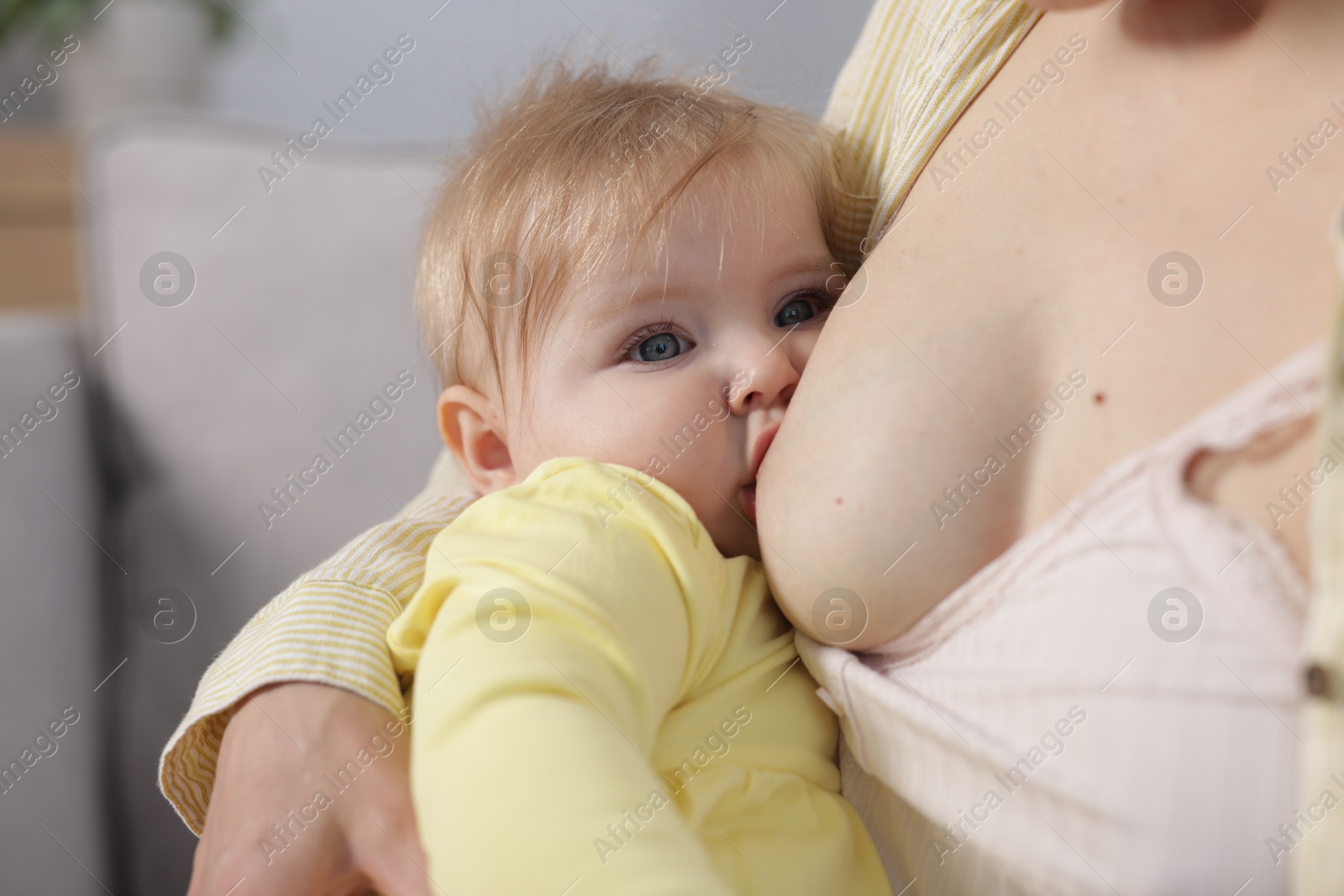 Mother breastfeeding her little baby on blurred background, closeup Photo of Mother breastfeeding her little baby on blurred background, closeup