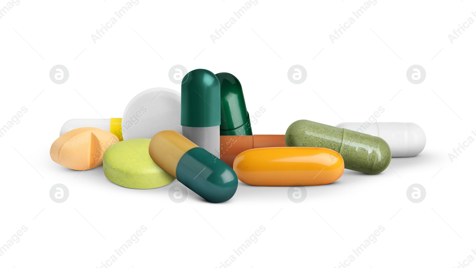 Many different antibiotic pills on white background Image of Many different antibiotic pills on white background