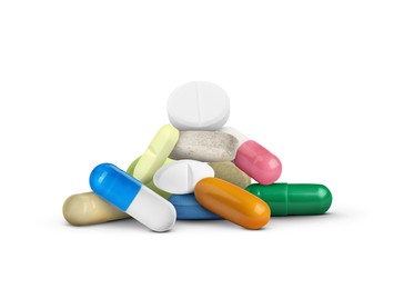 Image of Many different antibiotic pills on white background