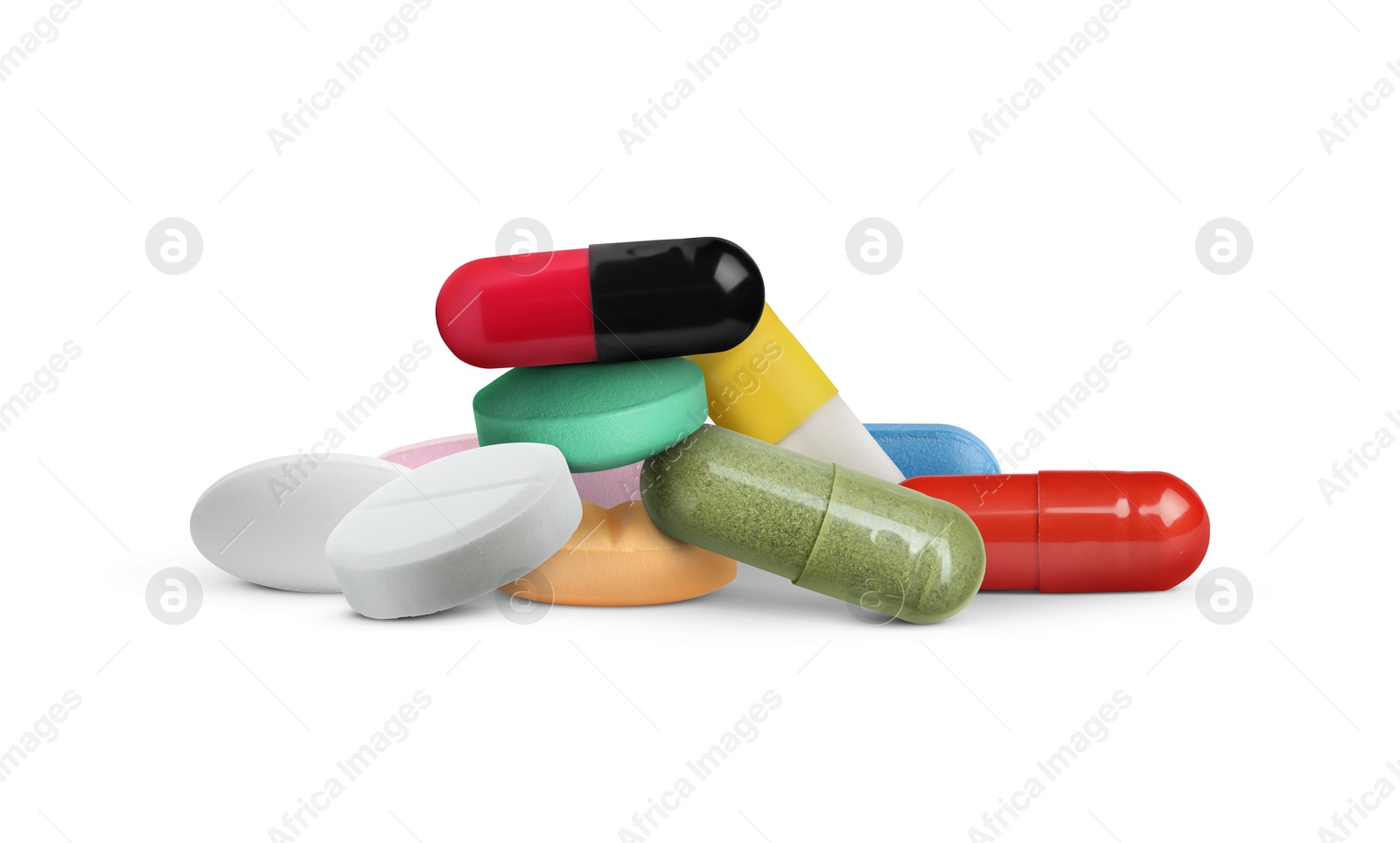 Many different antibiotic pills on white background Image of Many different antibiotic pills on white background