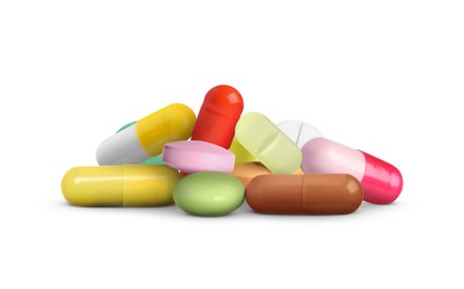 Image of Many different antibiotic pills on white background