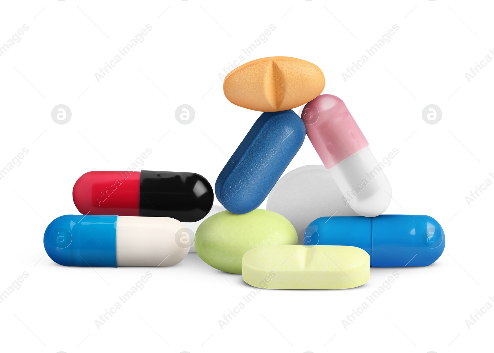 Many different antibiotic pills on white background Image of Many different antibiotic pills on white background