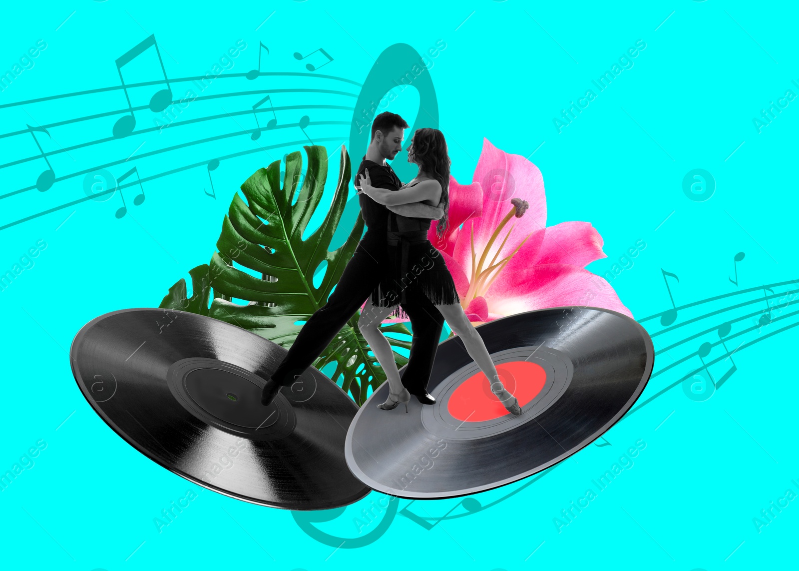 Creative collage with couple dancing on vinyl records against turquoise background Image of Creative collage with couple dancing on vinyl records against turquoise background
