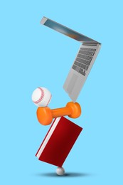 Image of Work-life balance. Tower of laptop, dumbbell, baseball ball, book and golf ball on light blue background