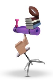 Image of Work-life balance. Tower of ball, books, mat, dumbbell and office chair on white background