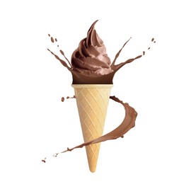 Image of Chocolate ice cream in waffle cone and splash of milk on white background