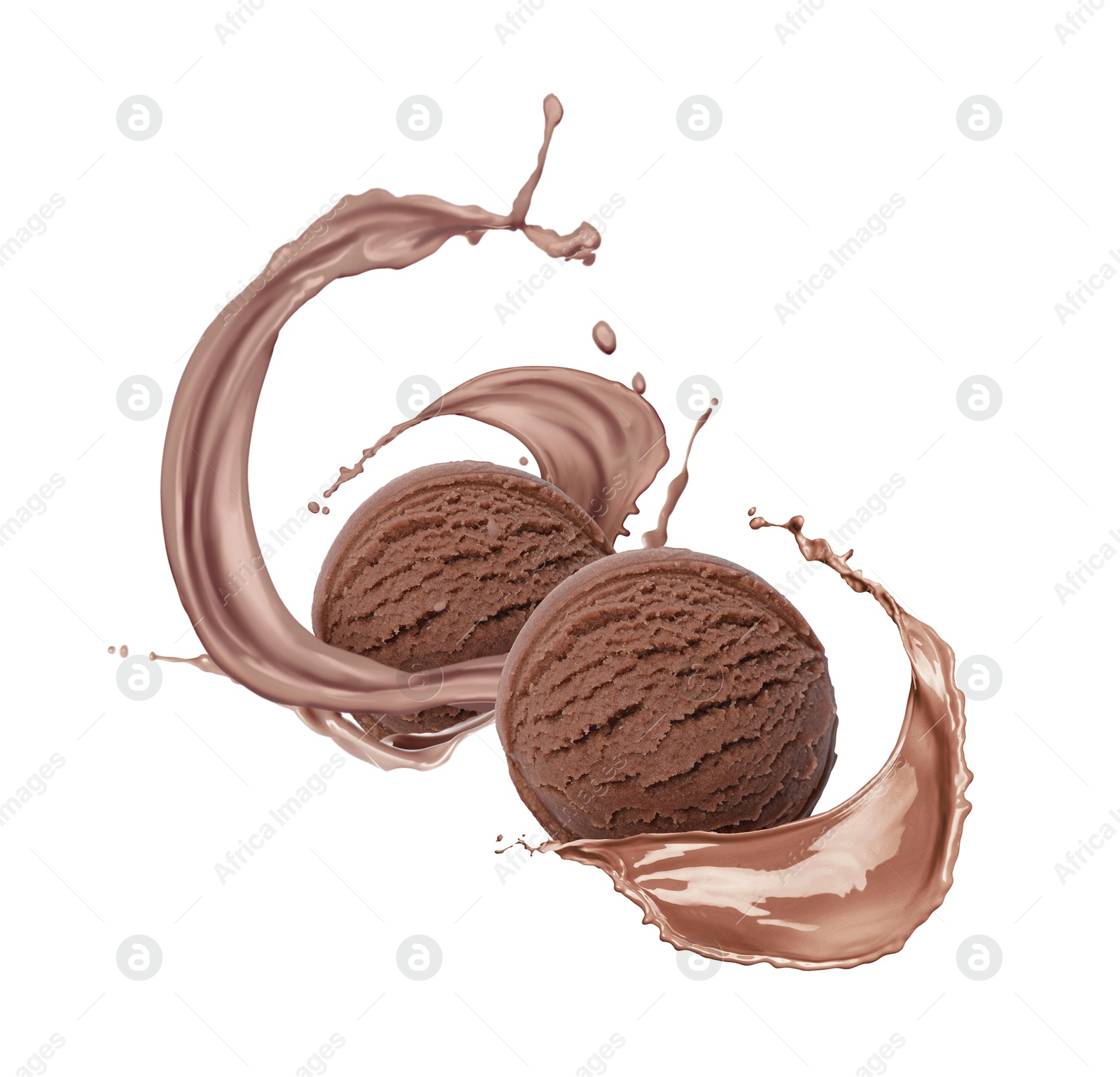 Chocolate ice cream scoops and splash of milk on white background Image of Chocolate ice cream scoops and splash of milk on white background