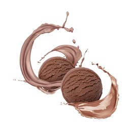 Image of Chocolate ice cream scoops and splash of milk on white background