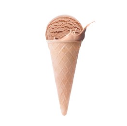 Image of Chocolate ice cream in waffle cone and splash of milk on white background