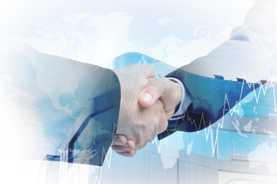 Image of Businesspeople shaking hands, cityscape and graph, multiple exposure. Deal or partnership concept