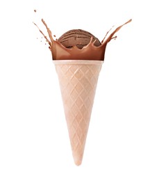 Image of Chocolate ice cream in waffle cone and splash of milk on white background