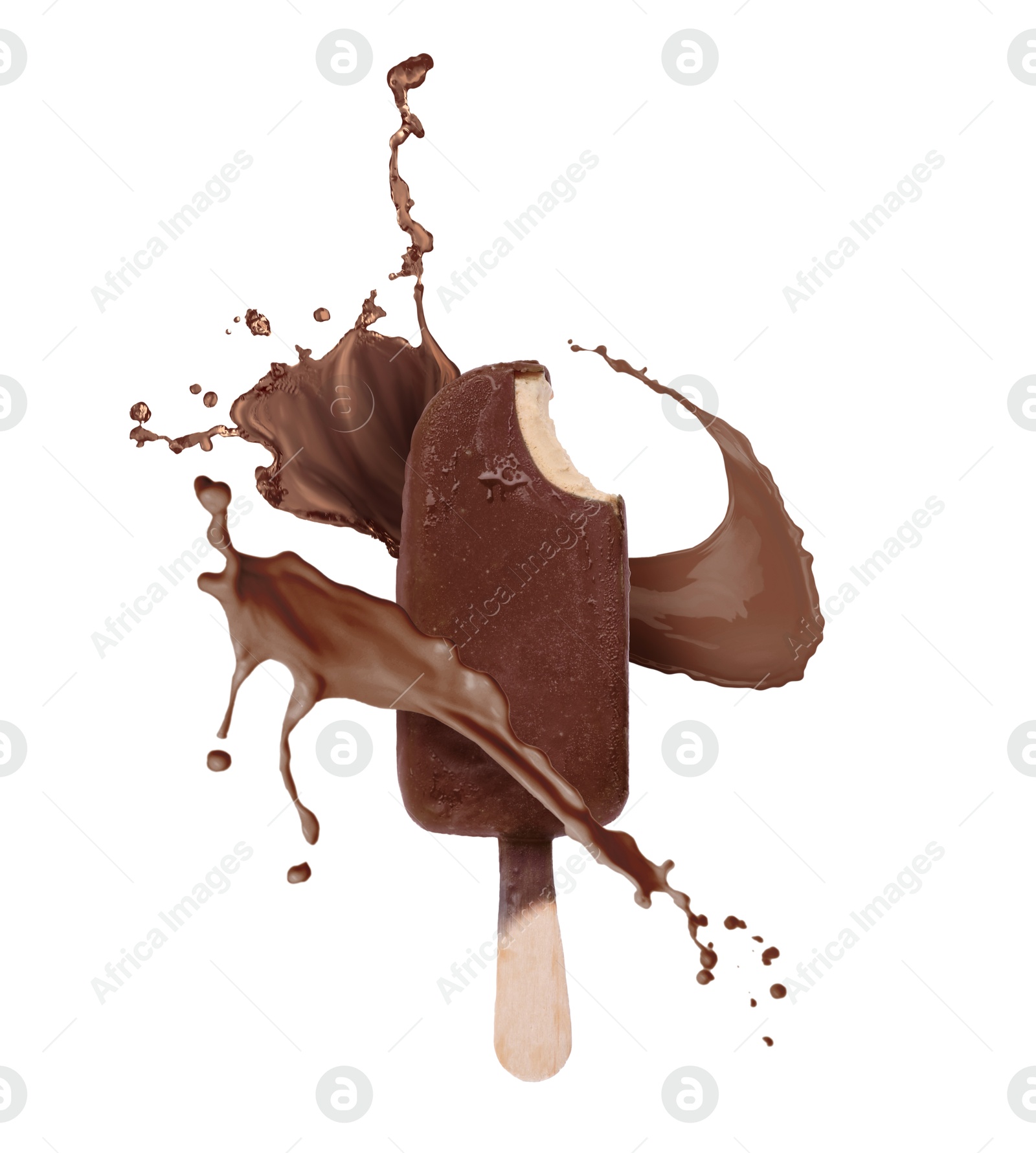 Chocolate ice cream bar and splash of milk on white background Image of Chocolate ice cream bar and splash of milk on white background