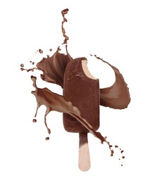 Image of Chocolate ice cream bar and splash of milk on white background