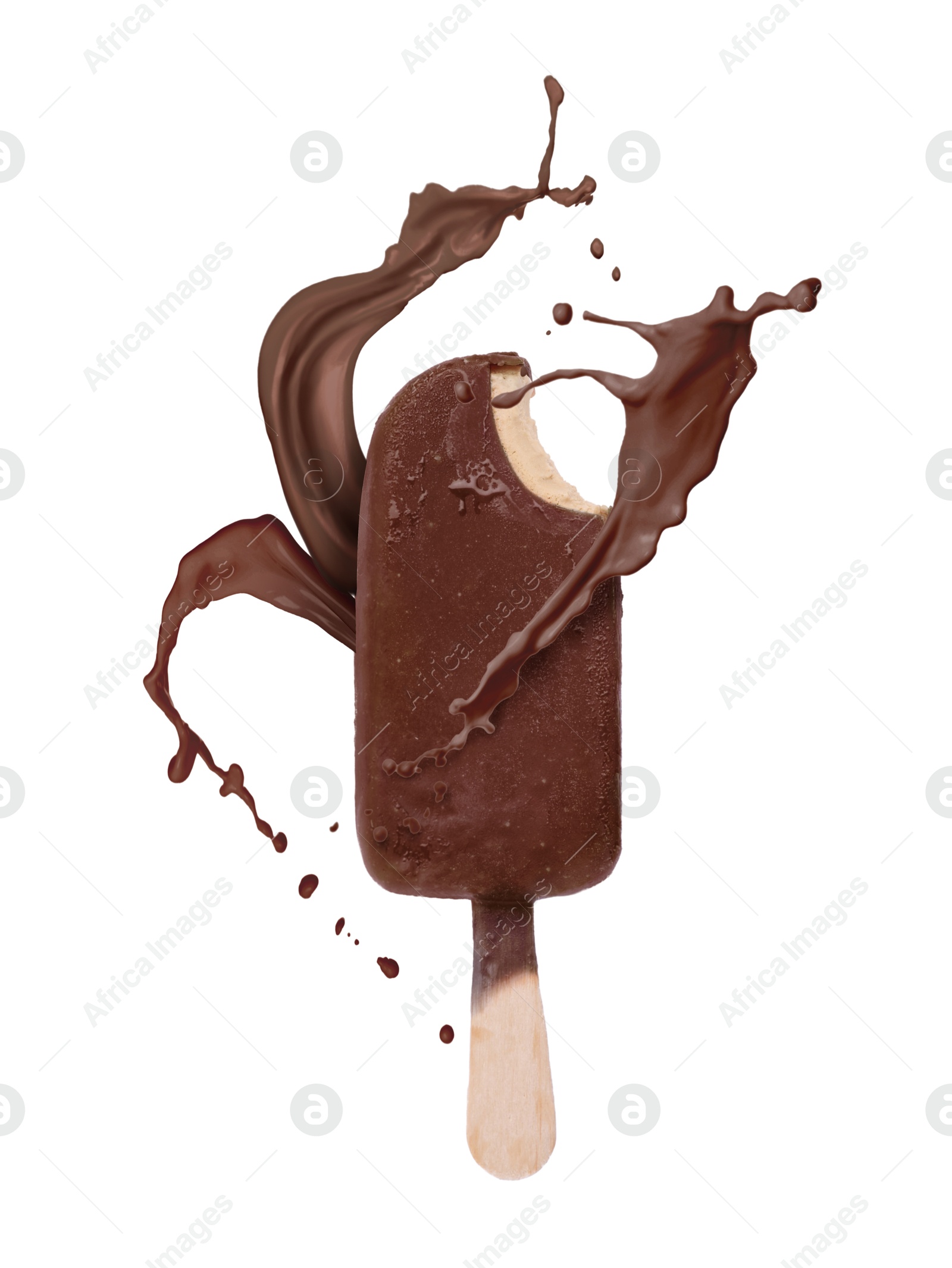 Chocolate ice cream bar and splash of milk on white background Image of Chocolate ice cream bar and splash of milk on white background
