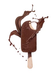 Image of Chocolate ice cream bar and splash of milk on white background
