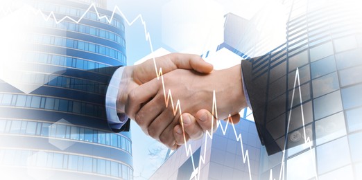 Image of Deal or partnership concept. Businesspeople shaking hands, cityscape and graph, multiple exposure. Banner design