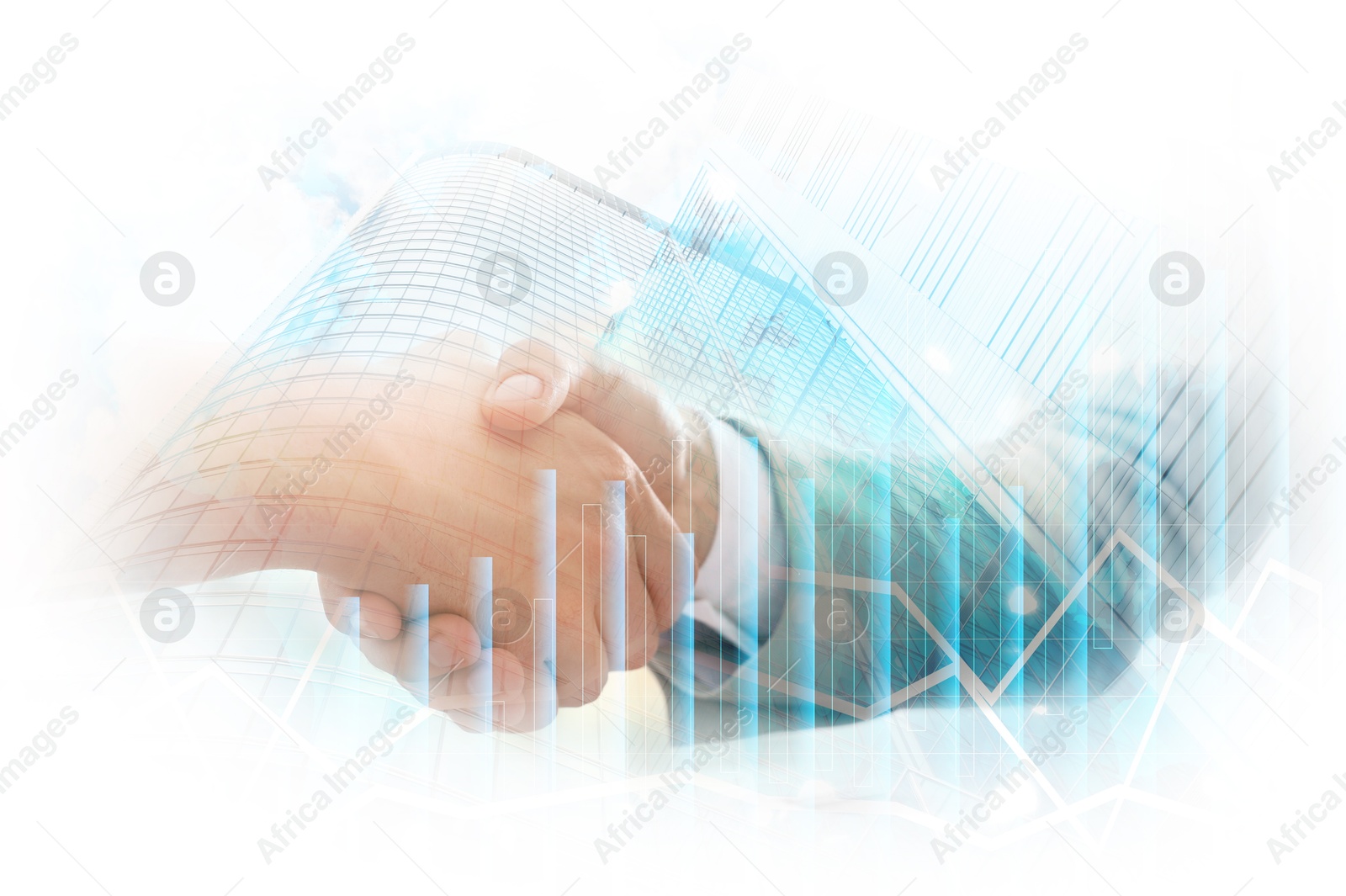 Businesspeople shaking hands, cityscape and graphs, multiple exposure. Deal or partnership concept Image of Businesspeople shaking hands, cityscape and graphs, multiple exposure. Deal or partnership concept
