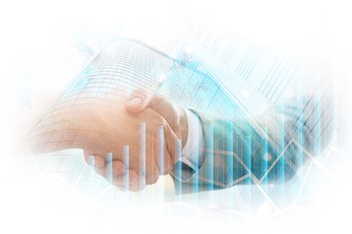 Image of Businesspeople shaking hands, cityscape and graphs, multiple exposure. Deal or partnership concept