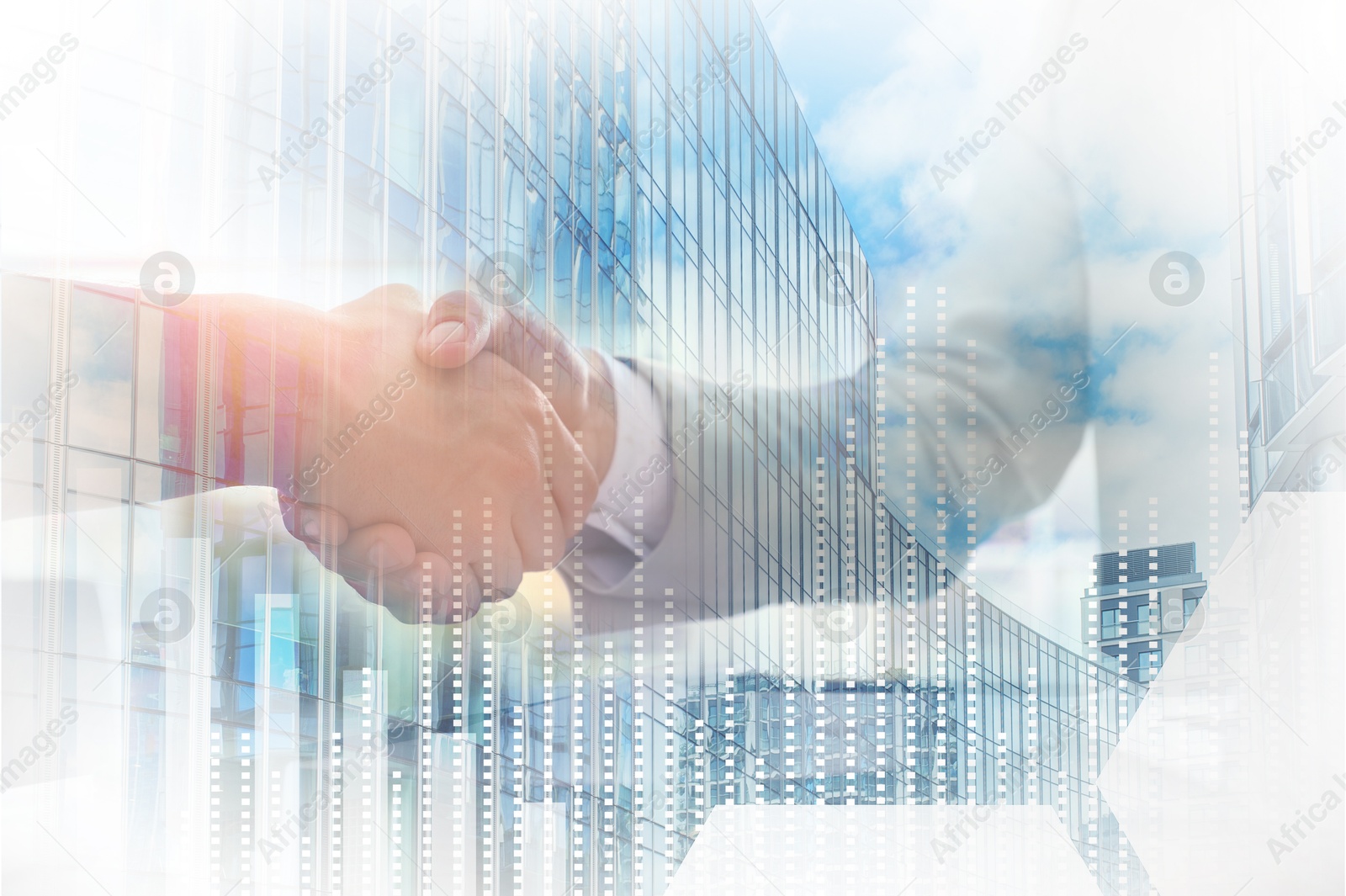 Businesspeople shaking hands, cityscape and graphs, multiple exposure. Deal or partnership concept Image of Businesspeople shaking hands, cityscape and graphs, multiple exposure. Deal or partnership concept