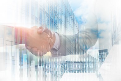 Image of Businesspeople shaking hands, cityscape and graphs, multiple exposure. Deal or partnership concept