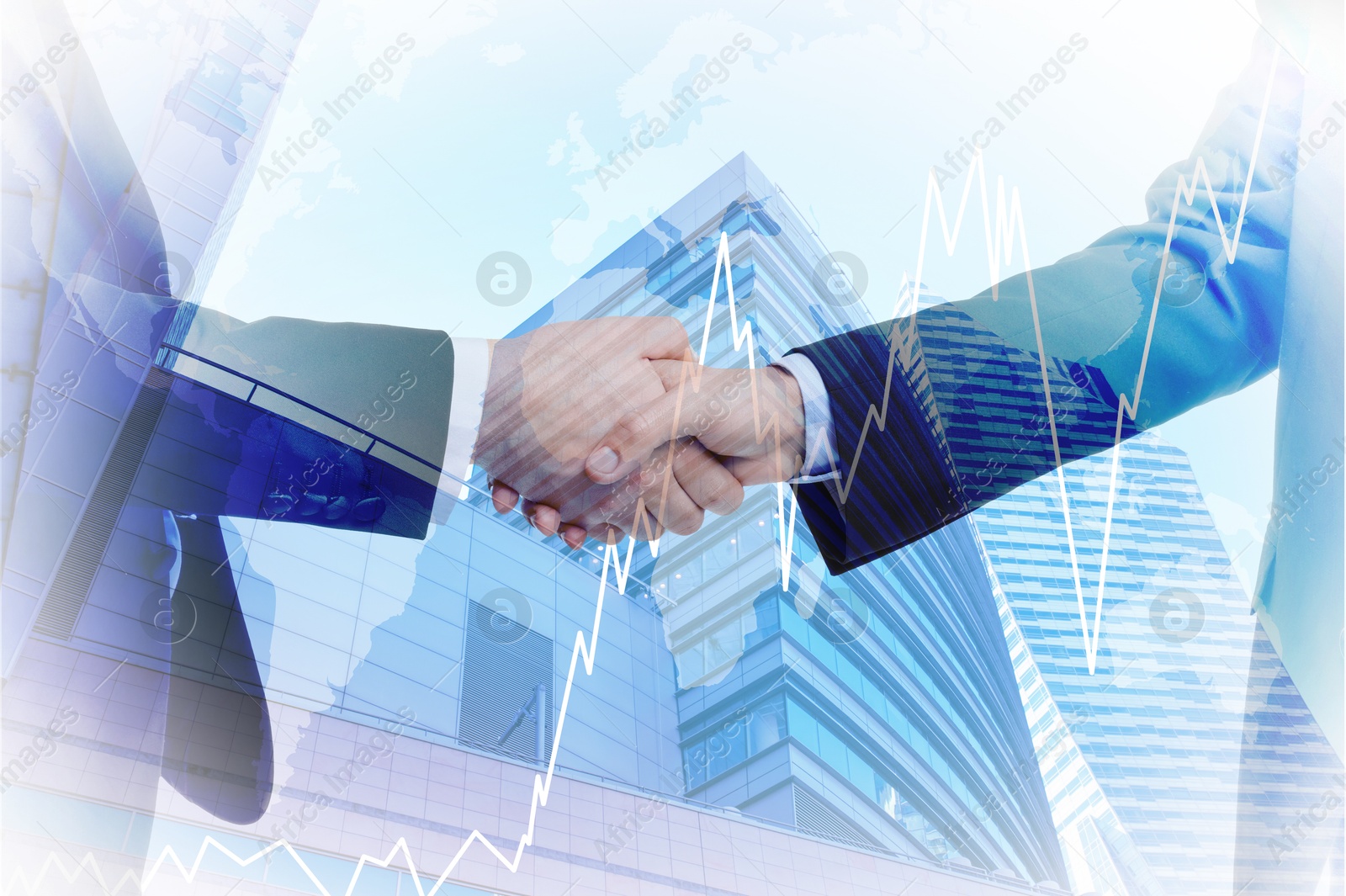 Businesspeople shaking hands, cityscape and graph, multiple exposure. Deal or partnership concept Image of Businesspeople shaking hands, cityscape and graph, multiple exposure. Deal or partnership concept