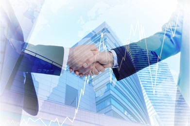 Image of Businesspeople shaking hands, cityscape and graph, multiple exposure. Deal or partnership concept
