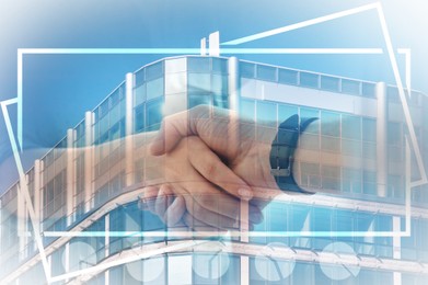 Image of Businesspeople shaking hands, cityscape and graphs, multiple exposure. Deal or partnership concept
