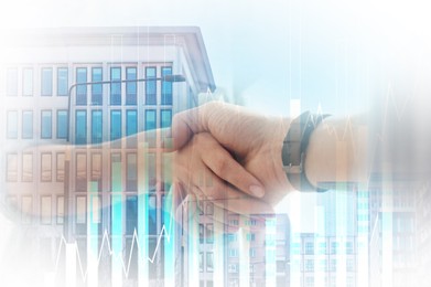 Image of Businesspeople shaking hands, cityscape and graphs, multiple exposure. Deal or partnership concept