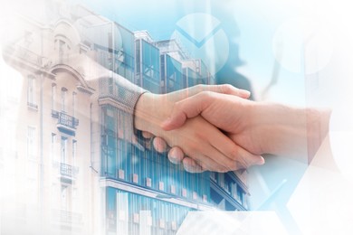 Image of Businesspeople shaking hands, cityscape and graphs, multiple exposure. Deal or partnership concept