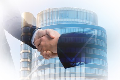 Image of Businesspeople shaking hands, cityscape and graph, multiple exposure. Deal or partnership concept