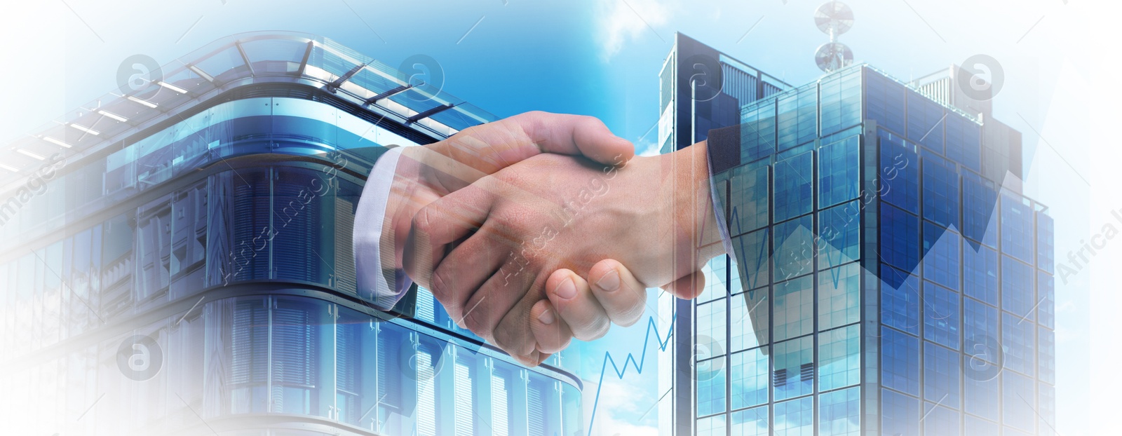 Deal or partnership concept. Businesspeople shaking hands, cityscape and graph, multiple exposure. Banner design Image of Deal or partnership concept. Businesspeople shaking hands, cityscape and graph, multiple exposure. Banner design