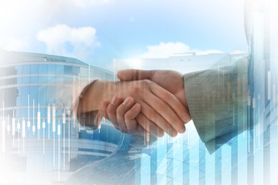 Image of Businesspeople shaking hands, cityscape and graphs, multiple exposure. Deal or partnership concept