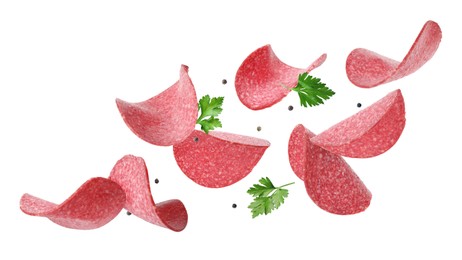 Image of Salami sausage slices, peppercorns and parsley flying on white background