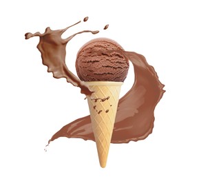 Image of Chocolate ice cream in waffle cone and splash of milk on white background