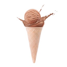 Image of Chocolate ice cream in waffle cone and splash of milk on white background