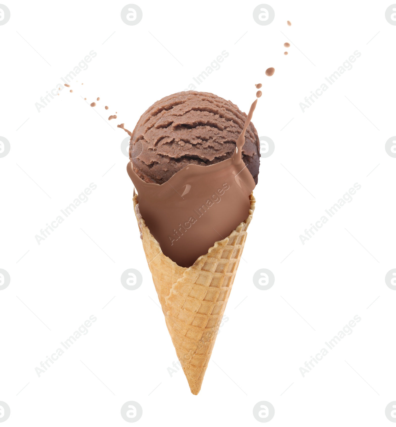 Chocolate ice cream in waffle cone and splash of milk on white background Image of Chocolate ice cream in waffle cone and splash of milk on white background