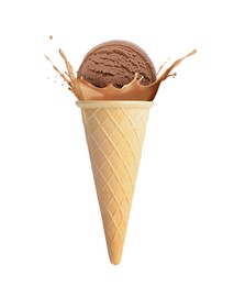 Image of Chocolate ice cream in waffle cone and splash of milk on white background
