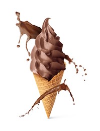 Image of Chocolate ice cream in waffle cone and splash of milk on white background
