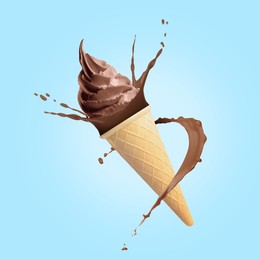 Image of Chocolate ice cream in waffle cone and splash of milk in air on light blue background