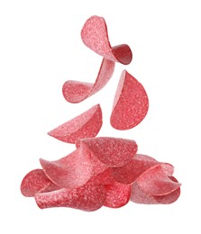 Image of Salami sausage slices falling on white background