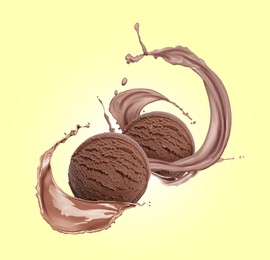 Image of Chocolate ice cream scoops and splash of milk on pale yellow background