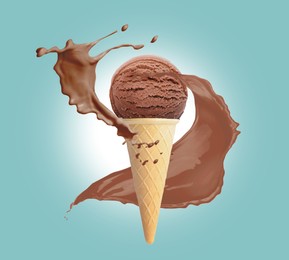 Image of Chocolate ice cream in waffle cone and splash of milk on turquoise background