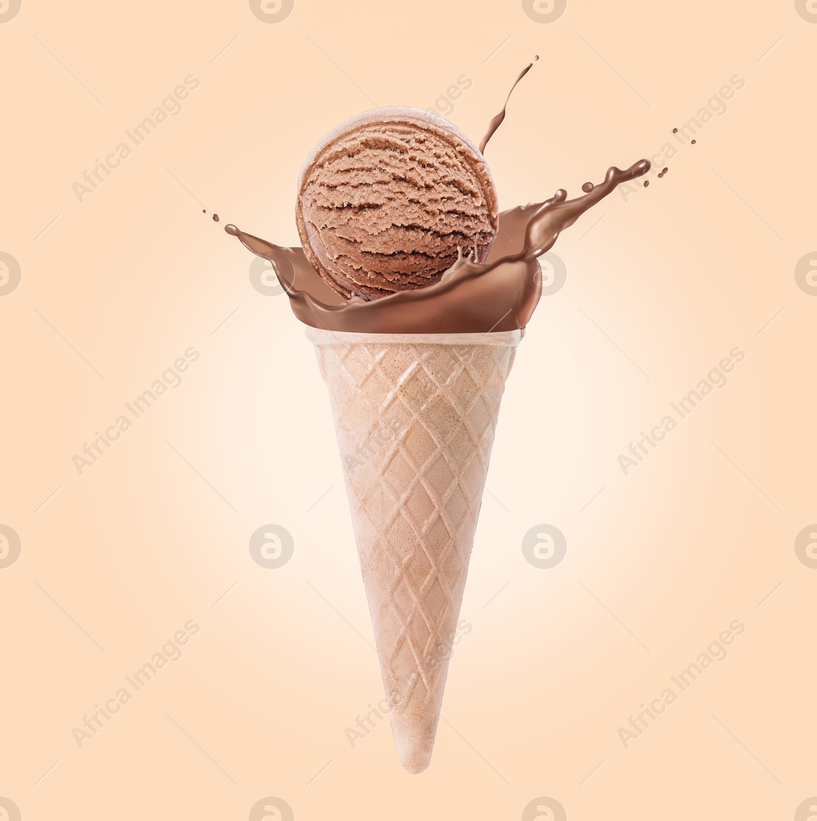 Chocolate ice cream in waffle cone and splash of milk on beige background Image of Chocolate ice cream in waffle cone and splash of milk on beige background