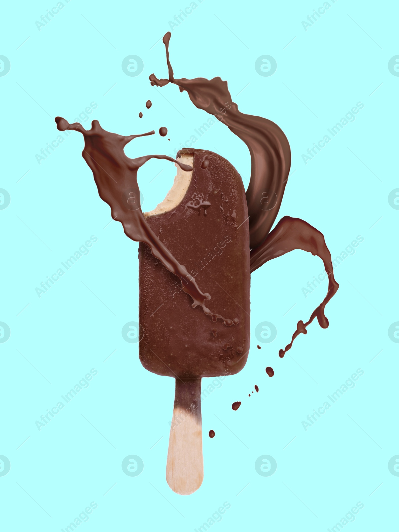 Chocolate ice cream bar and splash of milk on light blue background Image of Chocolate ice cream bar and splash of milk on light blue background