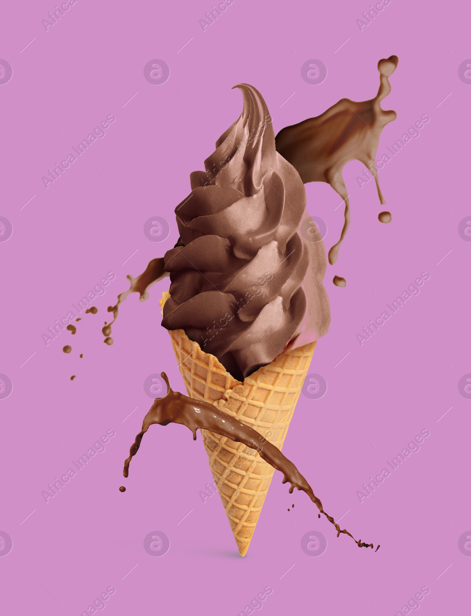 Chocolate ice cream in waffle cone and splash of milk on violet background Image of Chocolate ice cream in waffle cone and splash of milk on violet background