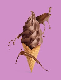 Image of Chocolate ice cream in waffle cone and splash of milk on violet background